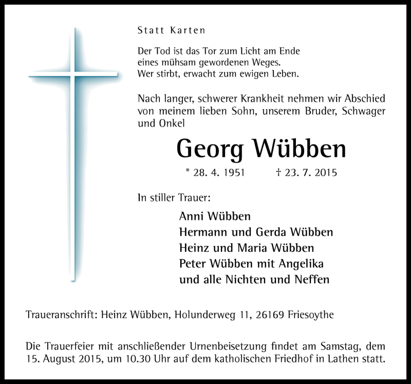  Traueranzeige für Georg Wübben vom 01.08.2015 aus Neue Osnabrücker Zeitung GmbH & Co. KG