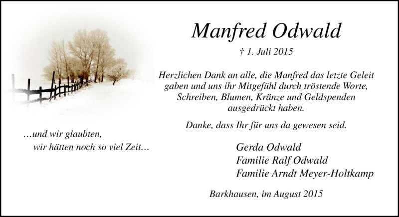  Traueranzeige für Manfred Odwald vom 22.08.2015 aus Neue Osnabrücker Zeitung GmbH & Co. KG