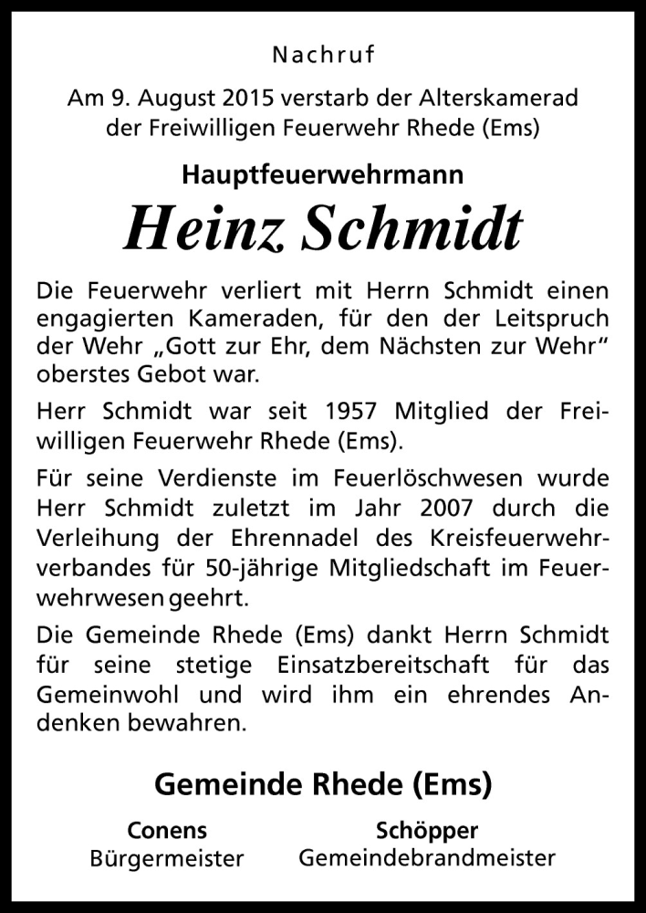  Traueranzeige für Heinz Schmidt vom 11.08.2015 aus Neue Osnabrücker Zeitung GmbH & Co. KG