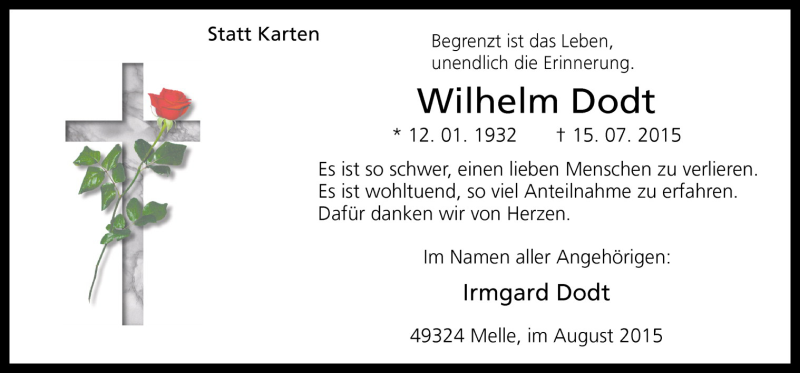  Traueranzeige für Wilhelm Dodt vom 15.08.2015 aus Neue Osnabrücker Zeitung GmbH & Co. KG