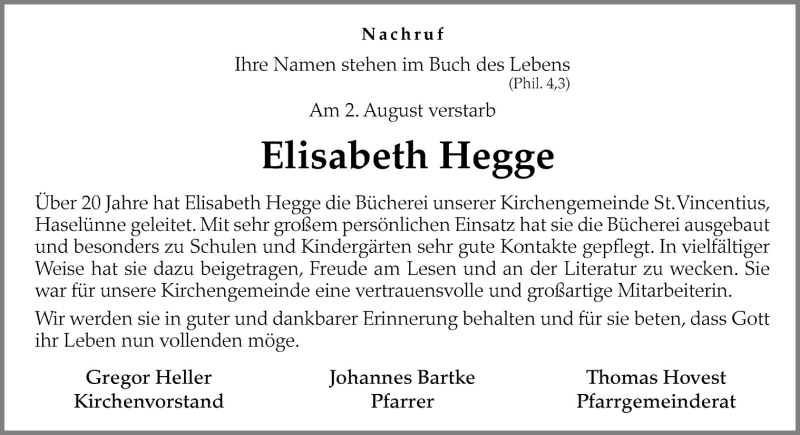  Traueranzeige für Elisabeth Hegge vom 10.08.2015 aus Neue Osnabrücker Zeitung GmbH & Co. KG