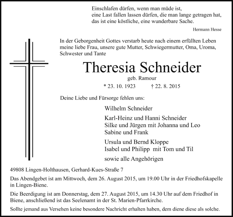  Traueranzeige für Theresia Schneider vom 25.08.2015 aus Neue Osnabrücker Zeitung GmbH & Co. KG
