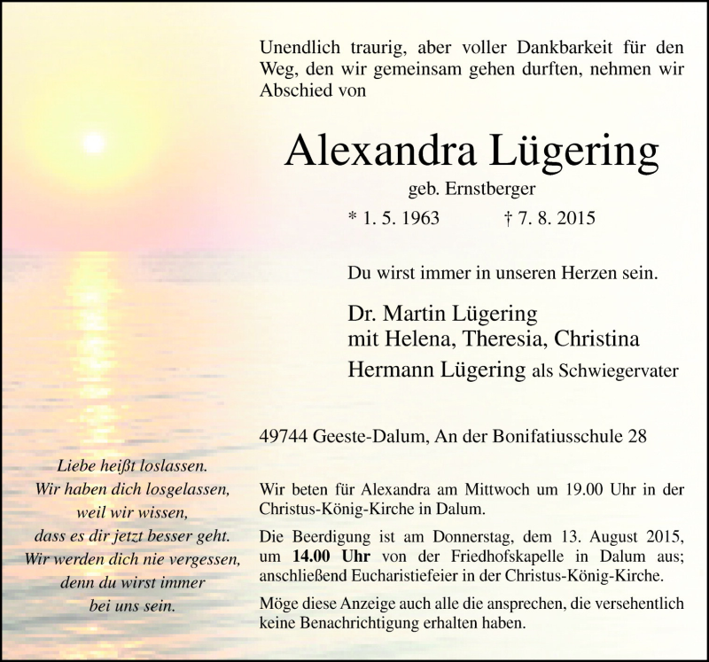  Traueranzeige für Alexandra Lügering vom 10.08.2015 aus Neue Osnabrücker Zeitung GmbH & Co. KG