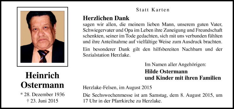  Traueranzeige für Heinrich Ostermann vom 05.08.2015 aus Neue Osnabrücker Zeitung GmbH & Co. KG