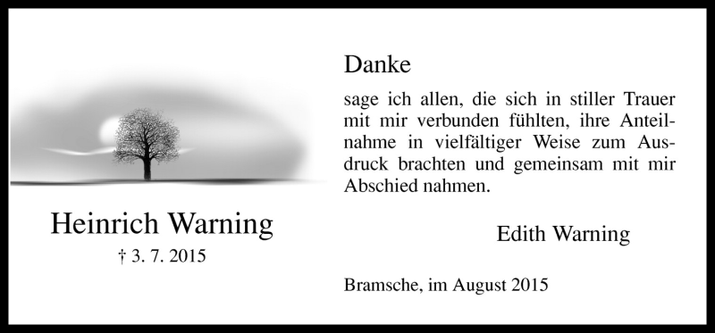  Traueranzeige für Heinrich Warning vom 15.08.2015 aus Neue Osnabrücker Zeitung GmbH & Co. KG