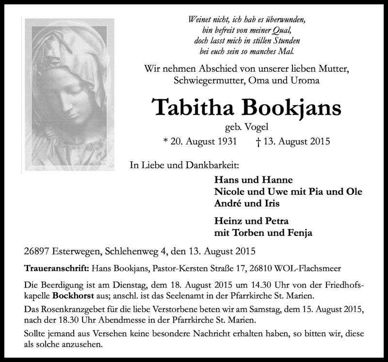  Traueranzeige für Tabitha Bookjans vom 15.08.2015 aus Neue Osnabrücker Zeitung GmbH & Co. KG