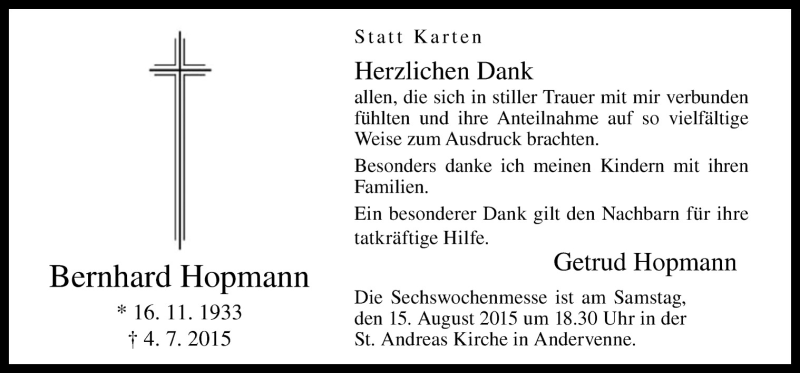  Traueranzeige für Bernhard Hopmann vom 14.08.2015 aus Neue Osnabrücker Zeitung GmbH & Co. KG