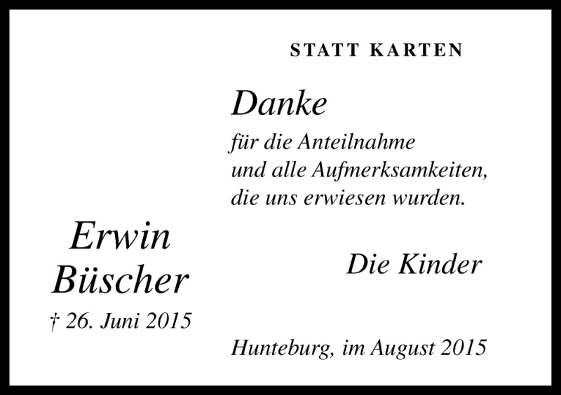  Traueranzeige für Erwin Büscher vom 15.08.2015 aus Neue Osnabrücker Zeitung GmbH & Co. KG