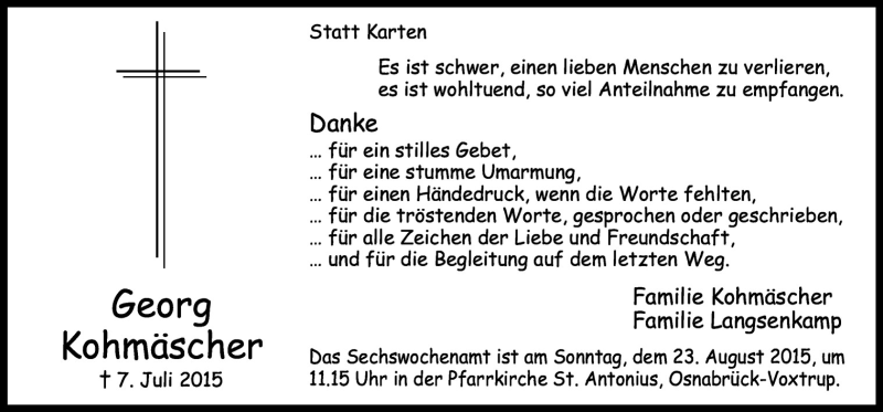  Traueranzeige für Georg Kohmäscher vom 15.08.2015 aus Neue Osnabrücker Zeitung GmbH & Co. KG