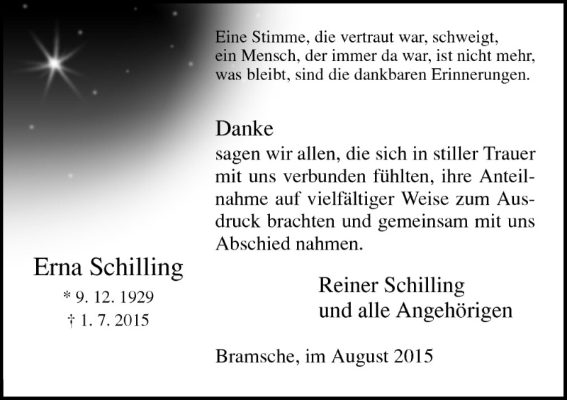  Traueranzeige für Erna Schilling vom 15.08.2015 aus Neue Osnabrücker Zeitung GmbH & Co. KG