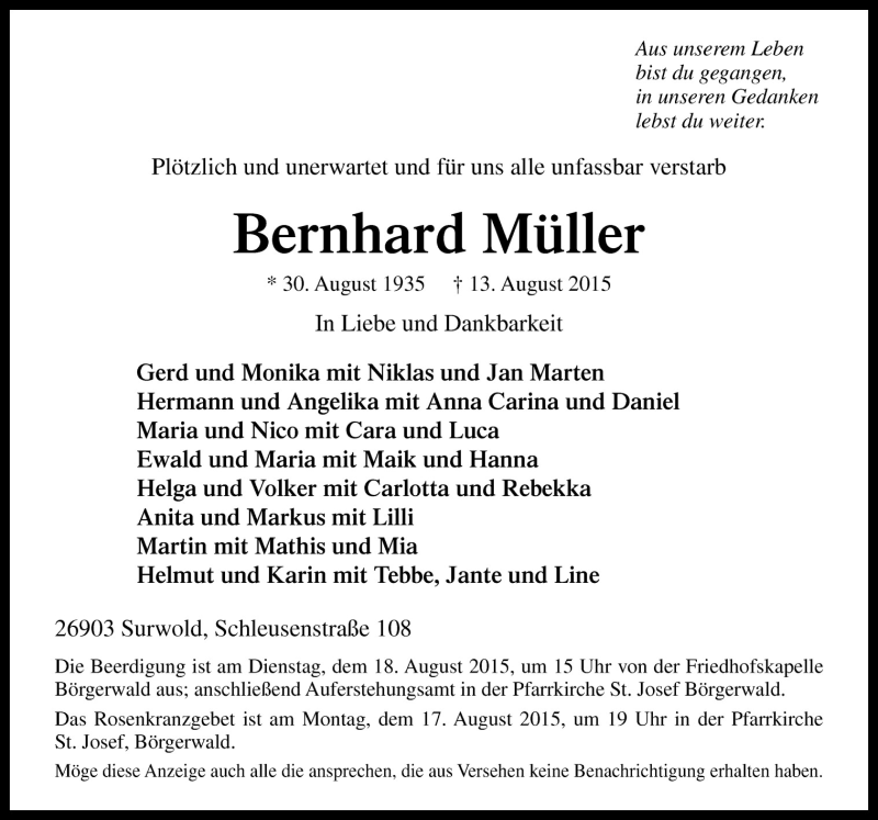  Traueranzeige für Bernhard Müller vom 15.08.2015 aus Neue Osnabrücker Zeitung GmbH & Co. KG