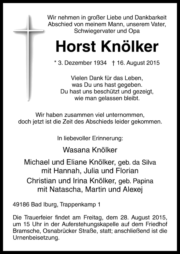  Traueranzeige für Horst Knälker vom 22.08.2015 aus Neue Osnabrücker Zeitung GmbH & Co. KG