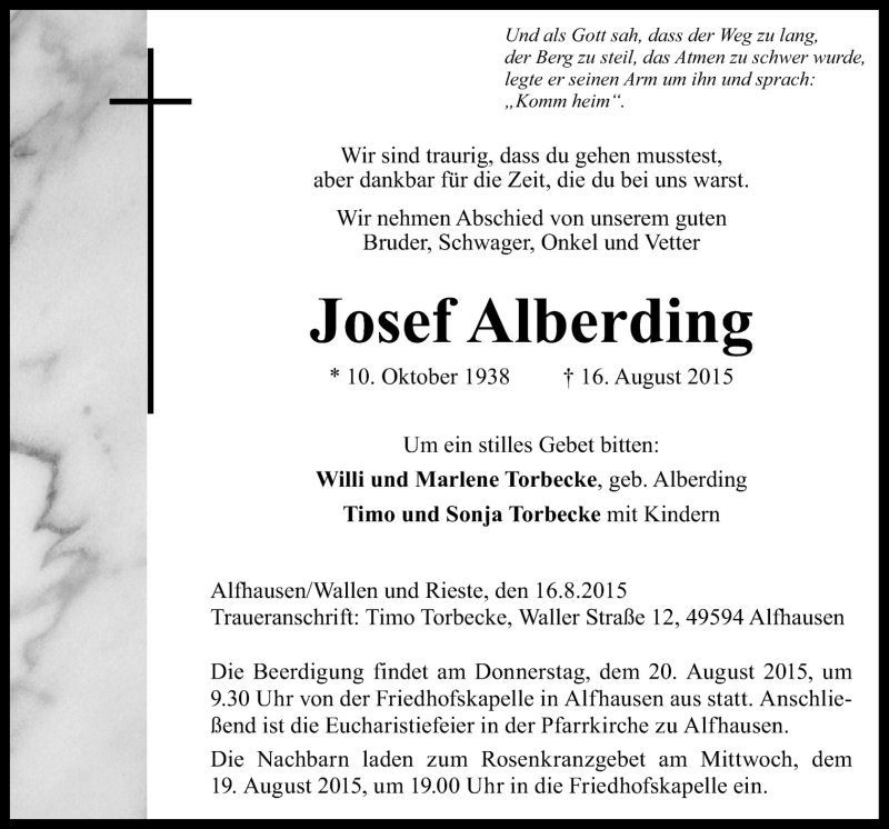  Traueranzeige für Josef Alberding vom 18.08.2015 aus Neue Osnabrücker Zeitung GmbH & Co. KG