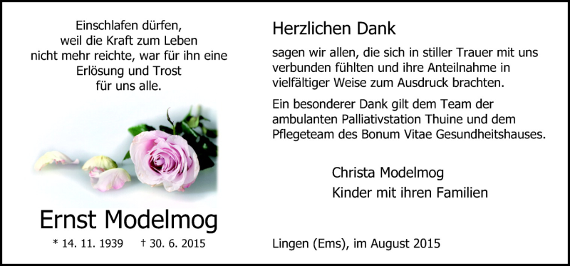  Traueranzeige für Ernst Modelmog vom 12.08.2015 aus Neue Osnabrücker Zeitung GmbH & Co. KG