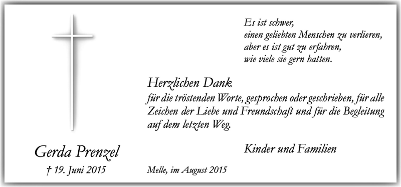  Traueranzeige für Gerda Prenzel vom 08.08.2015 aus Neue Osnabrücker Zeitung GmbH & Co. KG