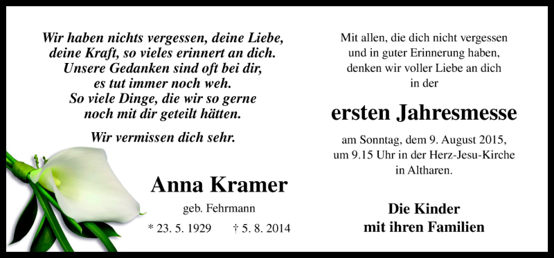  Traueranzeige für Anna Kramer vom 05.08.2015 aus Neue Osnabrücker Zeitung GmbH & Co. KG
