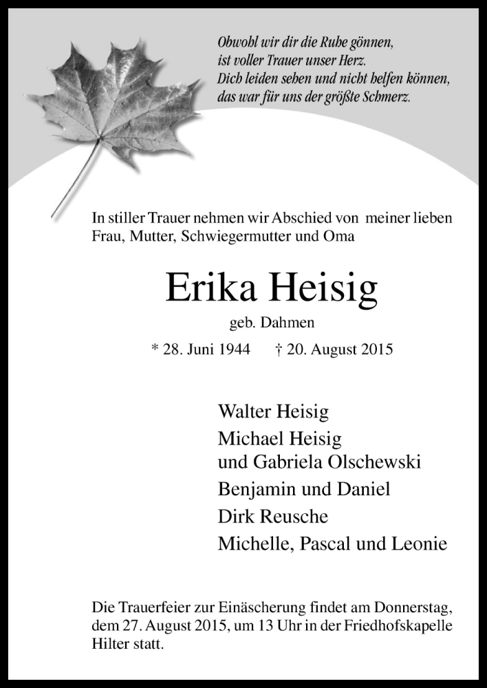  Traueranzeige für Erika Heisig vom 22.08.2015 aus Neue Osnabrücker Zeitung GmbH & Co. KG