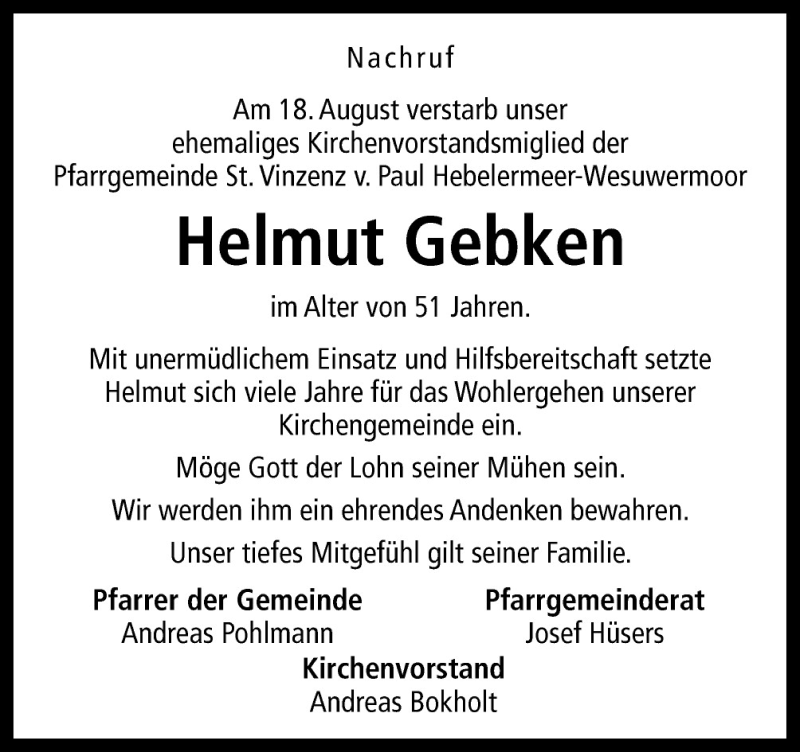  Traueranzeige für Helmut Gebken vom 22.08.2015 aus Neue Osnabrücker Zeitung GmbH & Co. KG