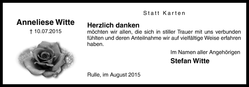  Traueranzeige für Anneliese Witte vom 22.08.2015 aus Neue Osnabrücker Zeitung GmbH & Co. KG