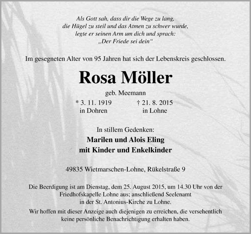  Traueranzeige für Rosa Möller vom 24.08.2015 aus Neue Osnabrücker Zeitung GmbH & Co. KG