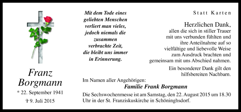  Traueranzeige für Franz Borgmann vom 20.08.2015 aus Neue Osnabrücker Zeitung GmbH & Co. KG