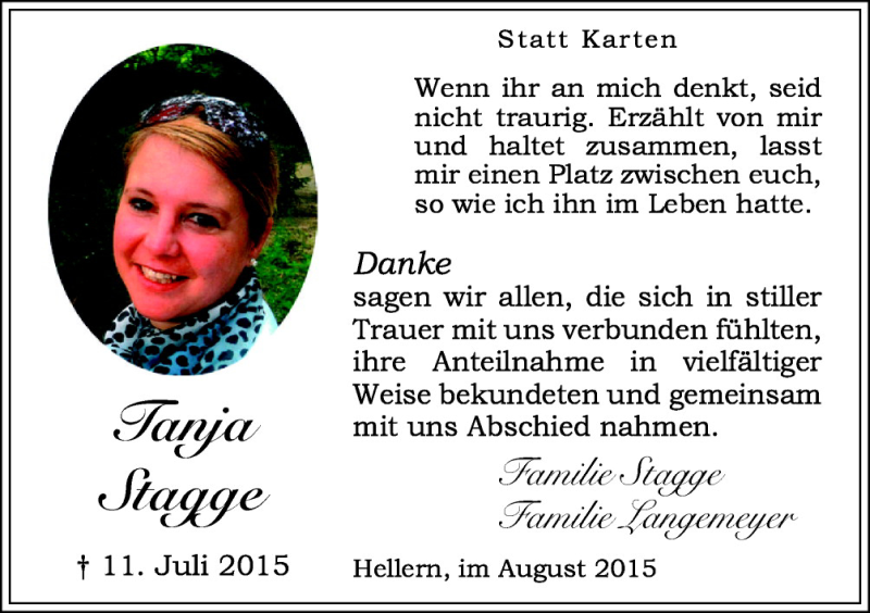  Traueranzeige für Tanja Stagge vom 08.08.2015 aus Neue Osnabrücker Zeitung GmbH & Co. KG