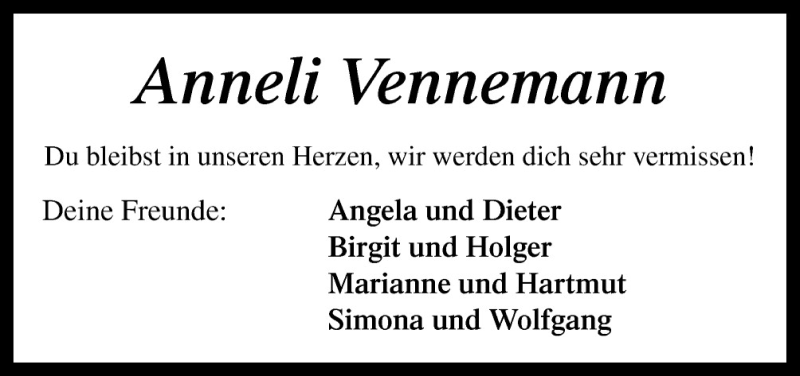  Traueranzeige für Anneli Vennemann vom 15.08.2015 aus Neue Osnabrücker Zeitung GmbH & Co. KG