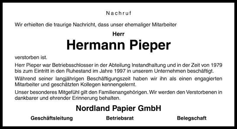  Traueranzeige für Hermann Pieper vom 04.08.2015 aus Neue Osnabrücker Zeitung GmbH & Co. KG