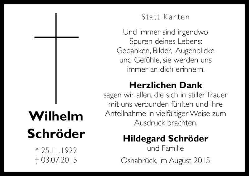  Traueranzeige für Wilhelm Schröder vom 15.08.2015 aus Neue Osnabrücker Zeitung GmbH & Co. KG