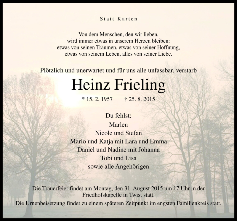  Traueranzeige für Heinz Frieling vom 29.08.2015 aus Neue Osnabrücker Zeitung GmbH & Co. KG