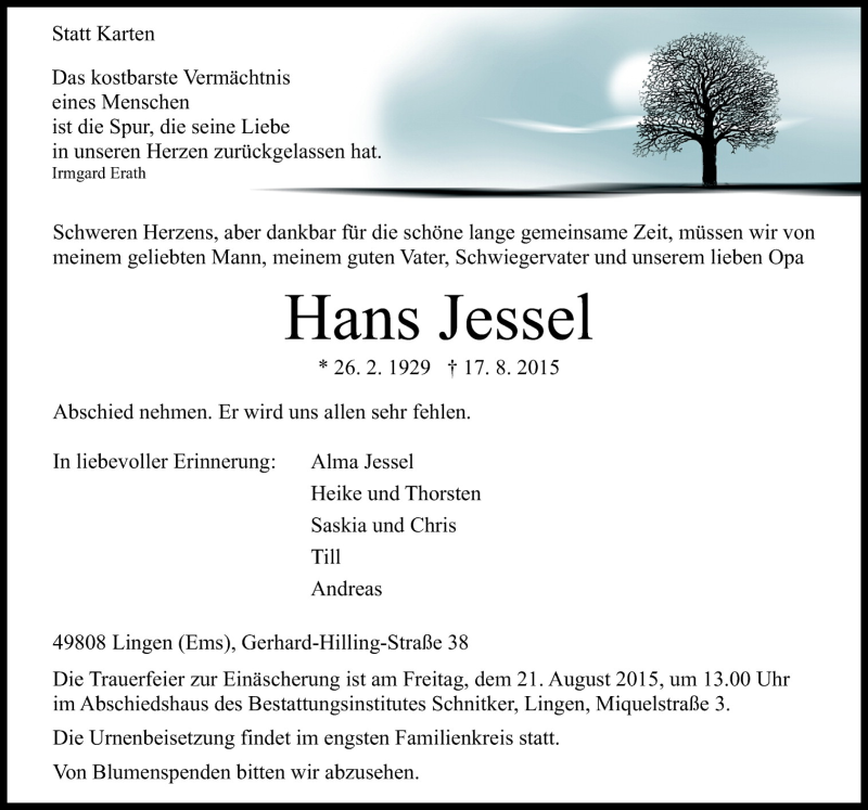  Traueranzeige für Hans  Jessel vom 20.08.2015 aus Neue Osnabrücker Zeitung GmbH & Co. KG