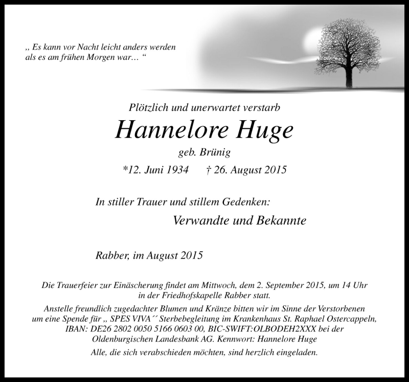  Traueranzeige für Hannelore Huge vom 29.08.2015 aus Neue Osnabrücker Zeitung GmbH & Co. KG