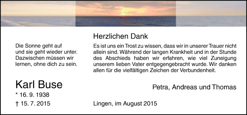  Traueranzeige für Karl Buse vom 22.08.2015 aus Neue Osnabrücker Zeitung GmbH & Co. KG
