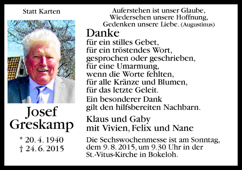  Traueranzeige für Josef Greskamp vom 06.08.2015 aus Neue Osnabrücker Zeitung GmbH & Co. KG