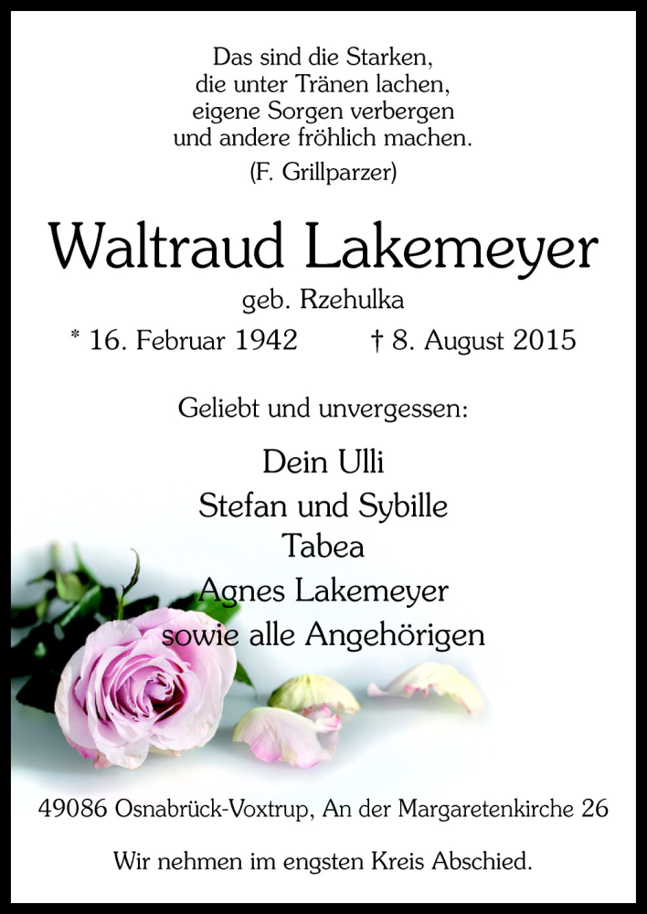  Traueranzeige für Waltraud Lakemeyer vom 13.08.2015 aus Neue Osnabrücker Zeitung GmbH & Co. KG