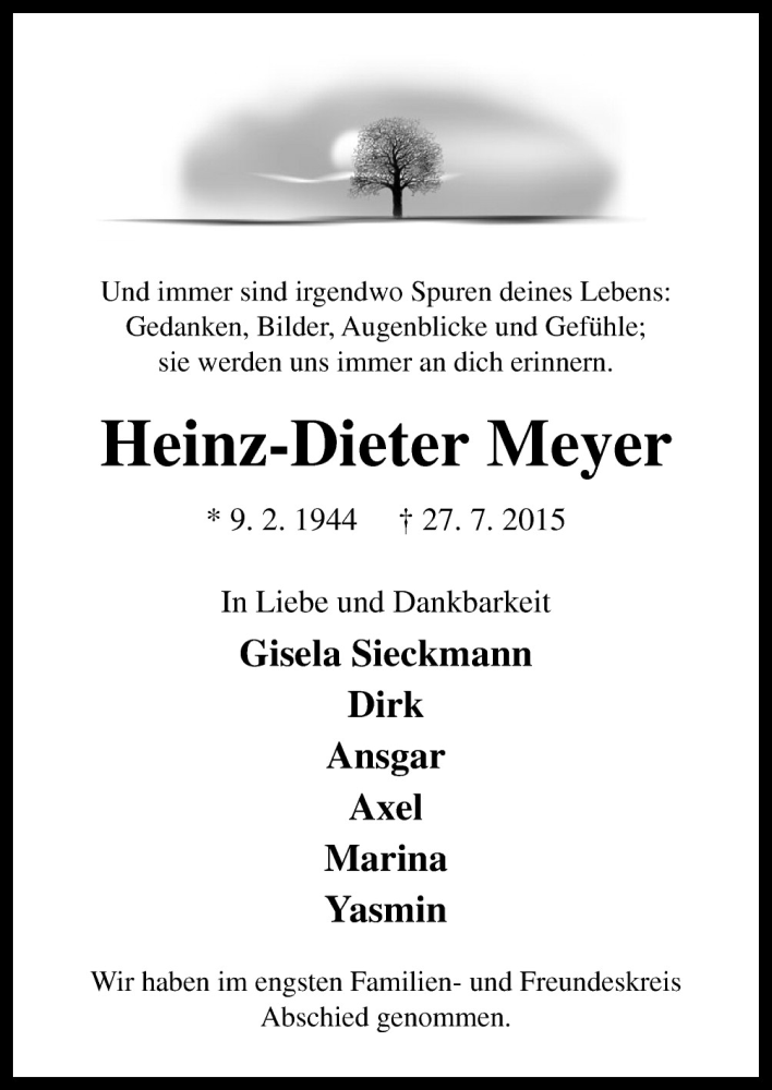  Traueranzeige für Heinz-Dieter Meyer vom 11.08.2015 aus Neue Osnabrücker Zeitung GmbH & Co. KG