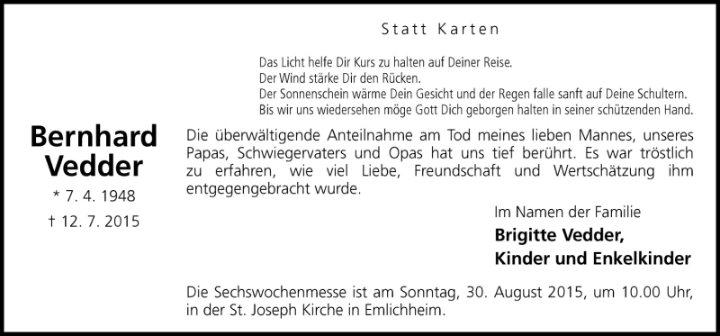 Traueranzeige für Brigitte Vedder vom 26.08.2015 aus Neue Osnabrücker Zeitung GmbH & Co. KG
