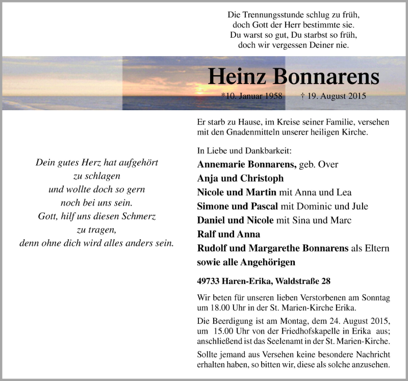  Traueranzeige für Heinz Bonnarens vom 21.08.2015 aus Neue Osnabrücker Zeitung GmbH & Co. KG