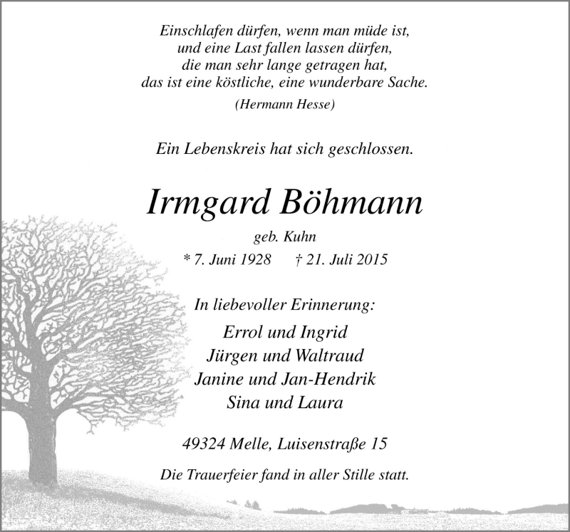  Traueranzeige für Irmgard Böhmann vom 04.08.2015 aus Neue Osnabrücker Zeitung GmbH & Co. KG