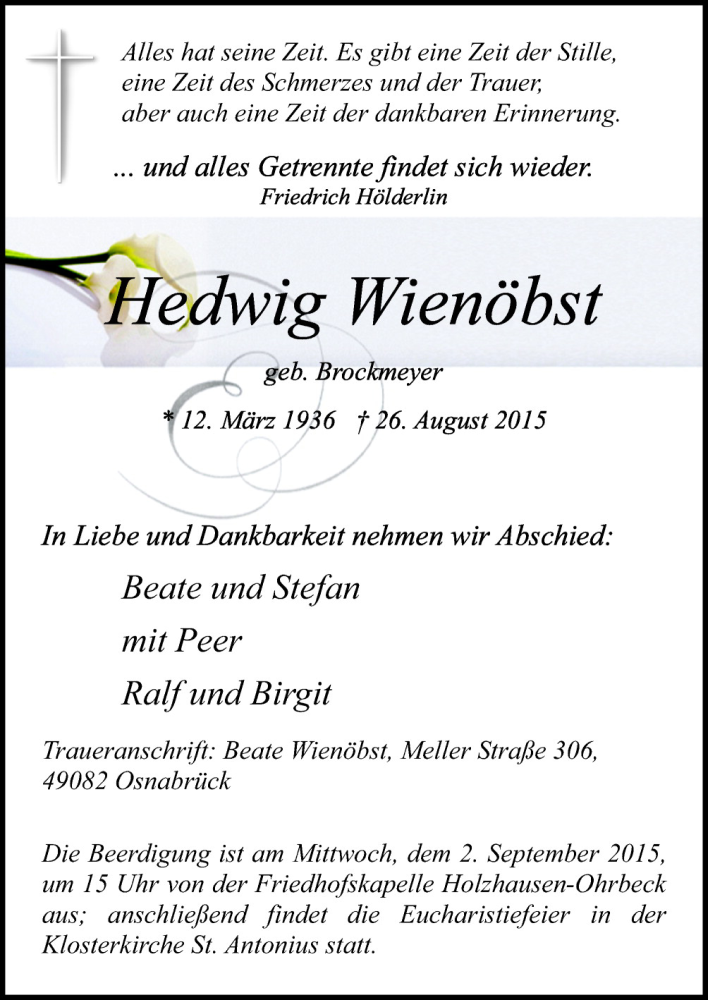 Traueranzeige für Hedwig Wienöbst vom 29.08.2015 aus Neue Osnabrücker Zeitung GmbH & Co. KG