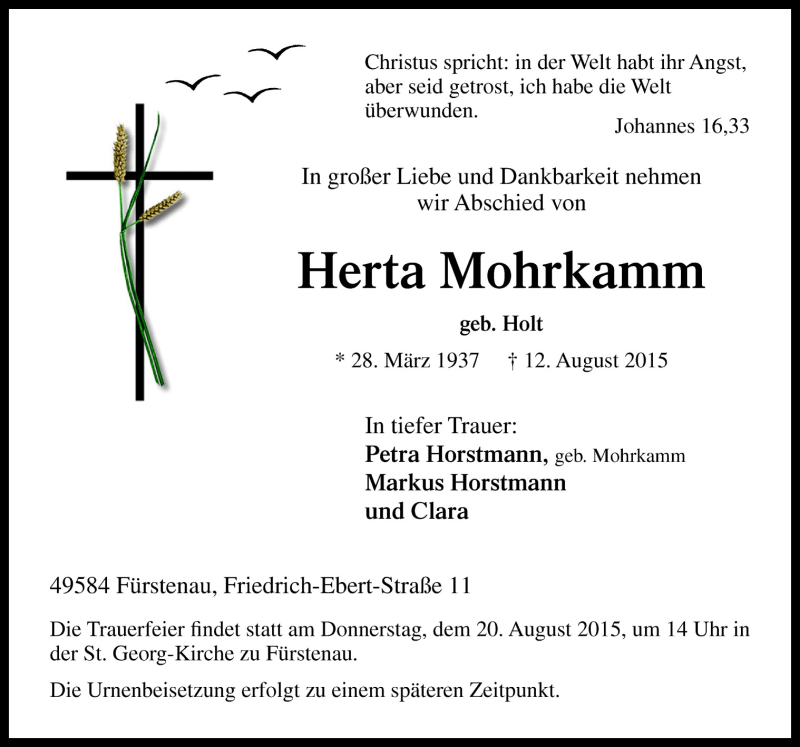  Traueranzeige für Herta Mohrkamm vom 15.08.2015 aus Neue Osnabrücker Zeitung GmbH & Co. KG