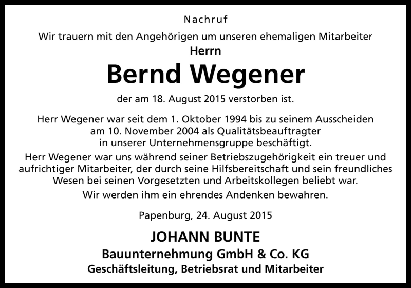  Traueranzeige für Bernd Wegener vom 26.08.2015 aus Neue Osnabrücker Zeitung GmbH & Co. KG