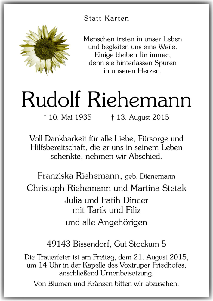  Traueranzeige für Rudolf Riehmann vom 15.08.2015 aus Neue Osnabrücker Zeitung GmbH & Co. KG