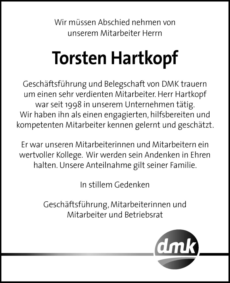  Traueranzeige für Torsten Hartkopf vom 22.08.2015 aus Neue Osnabrücker Zeitung GmbH & Co. KG