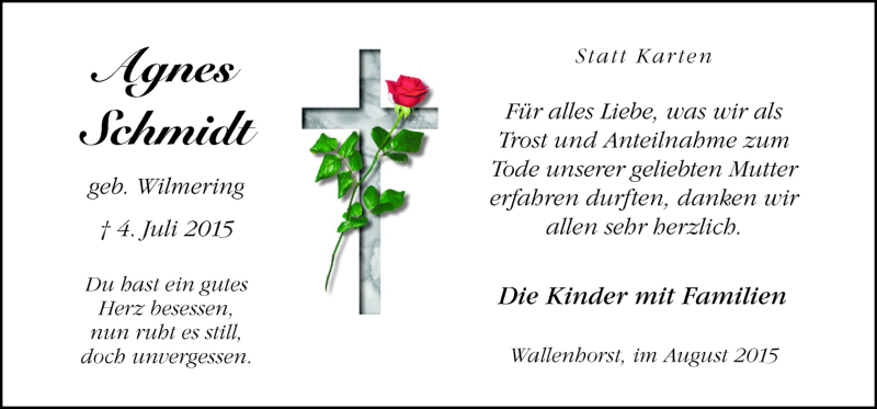  Traueranzeige für Agnes Schmidt vom 08.08.2015 aus Neue Osnabrücker Zeitung GmbH & Co. KG