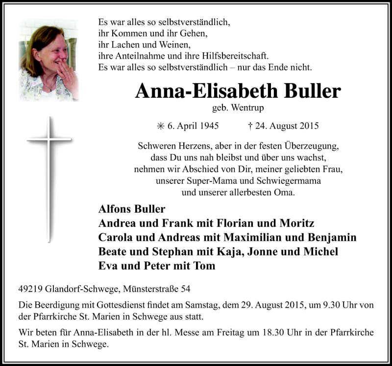  Traueranzeige für Anna-Elisabeth Buller vom 27.08.2015 aus Neue Osnabrücker Zeitung GmbH & Co. KG