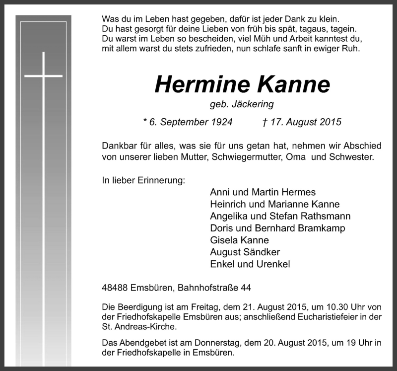  Traueranzeige für Hermine Kanne vom 20.08.2015 aus Neue Osnabrücker Zeitung GmbH & Co. KG