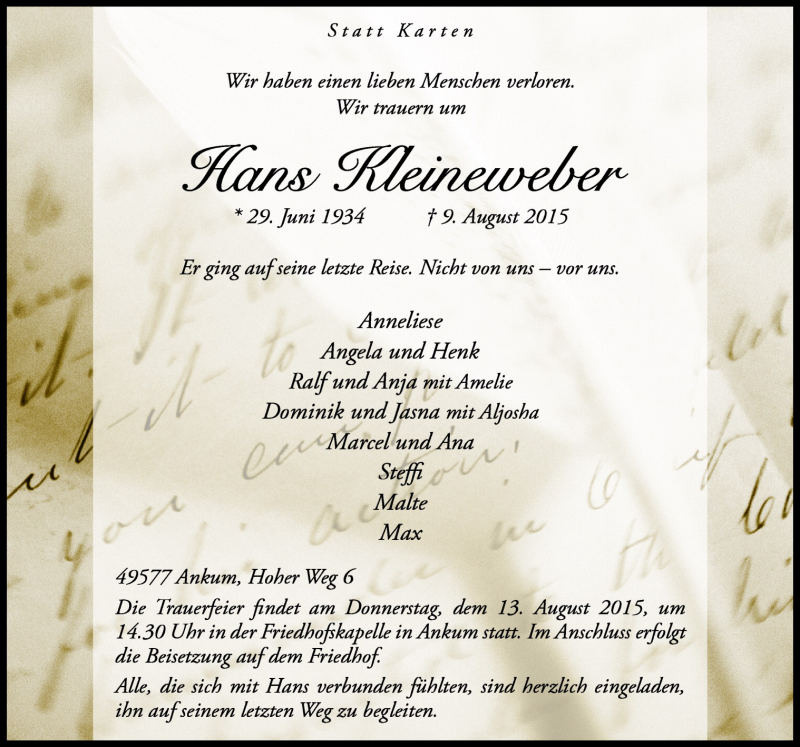  Traueranzeige für Hans Kleineweber vom 12.08.2015 aus Neue Osnabrücker Zeitung GmbH & Co. KG