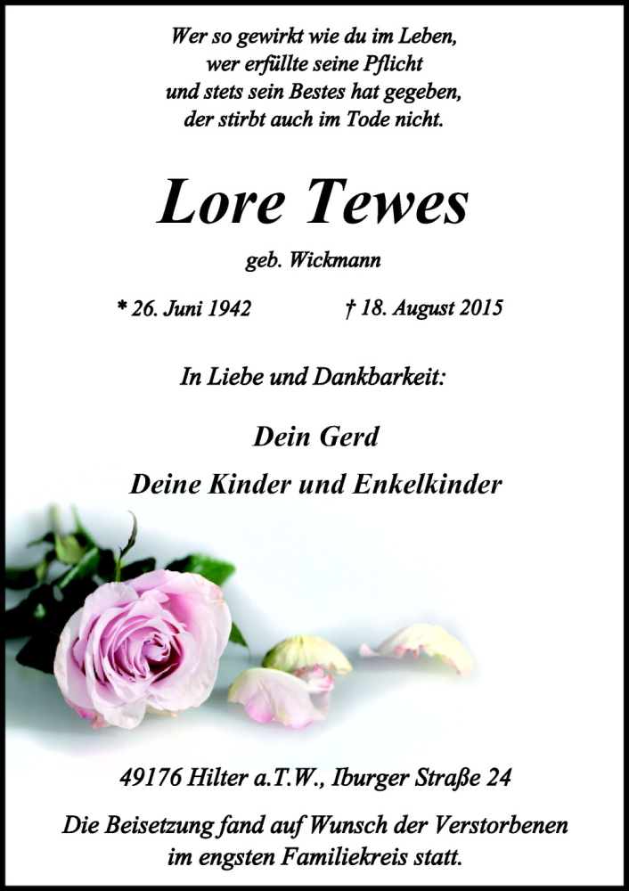  Traueranzeige für Lore Tewes vom 29.08.2015 aus Neue Osnabrücker Zeitung GmbH & Co. KG