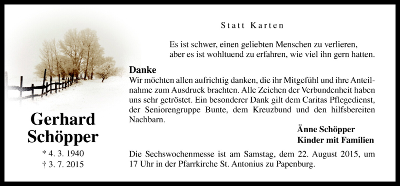  Traueranzeige für Gerhard Schöpper vom 19.08.2015 aus Neue Osnabrücker Zeitung GmbH & Co. KG